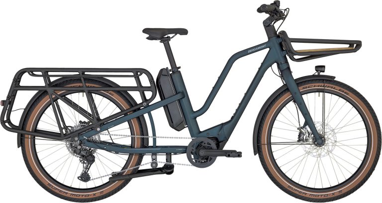 Bergamont E-Cargoville LT Edition 2026, longtail électrique à porte-bagage arrière long, vue de profil