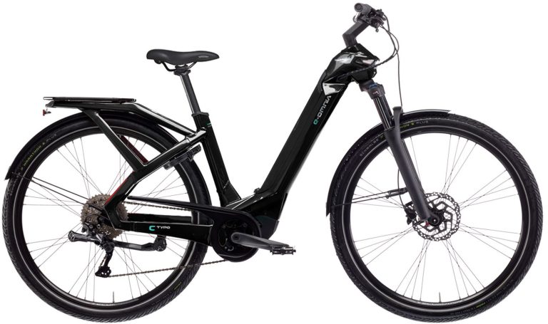 Bianchi E-Omnia C-Type 2024, vélo électrique urbain à cadre ouvert et porte-bagage intégré, vue de profil
