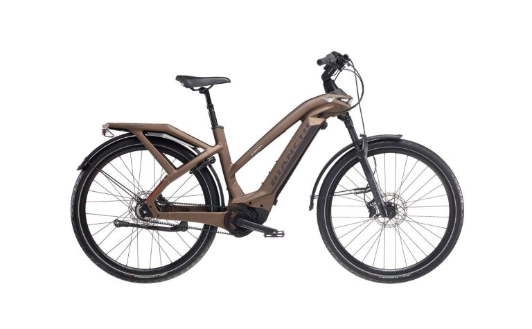 Bianchi E-Omnia T-Type ST, vélo de trekking électrique à porte-bagage intégré, vue de profil