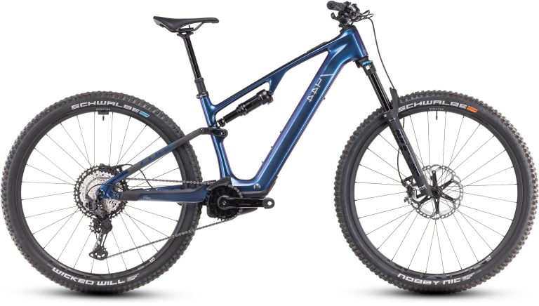Cube AMS Hybrid ONE44 C:68X SLX 2025 bleu, VTT électrique tout-suspendu carbone, vue de profil