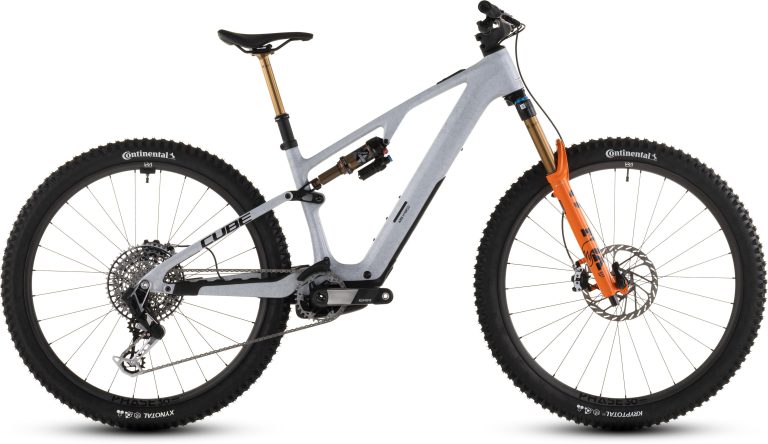 Cube AMS Hybrid ONE44 C:68X SUPER TM 400X 2026, VTT électrique tout-suspendu carbone, vue de profil