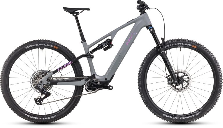 Cube AMS Hybrid ONE44 C:68X TM 2025 gris, VTT électrique tout-suspendu carbone, vue de profil