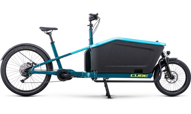 Cube Cargo Sport Dual Hybrid 1000 2025, biporteur électrique coloris blue´n´lime, de profil