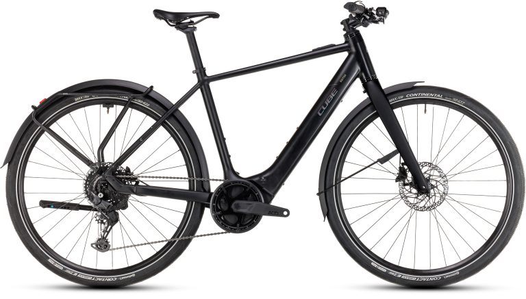 Cube Editor Hybrid Pro FE 400X 2025, vélo urbain électrique à fourche carbone, coloris black´n´spectral, vue de profil