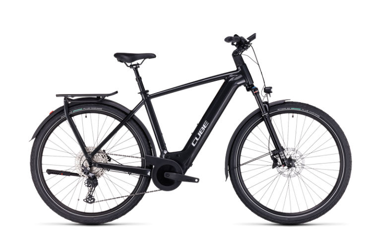 Cube Kathmandu Hybrid EXC 750 2023, vélo de trekking électrique avec porte-bagages intégré, coloris grey´n´silver, vue de profil
