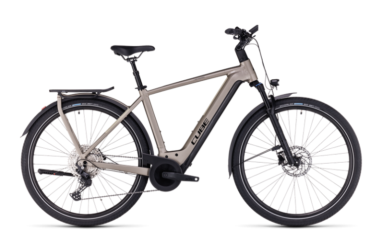 Cube Kathmandu Hybrid Pro 750 2023, vélo de trekking électrique avec porte-bagages intégré, coloris flashstone´n´black, vue de profil