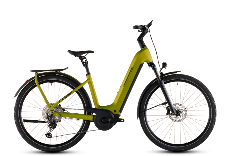 Cube Kathmandu Hybrid Pro 800 2026 à cadre Easy Entry, vélo de trekking électrique avec porte-bagages intégré, coloris lizard´n´black, vue de profil