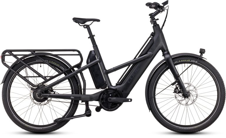 Cube Longtail Hybrid 1350 WH 2025, vélo cargo longtail électrique gris à éléments réfléchissants, vue de profil