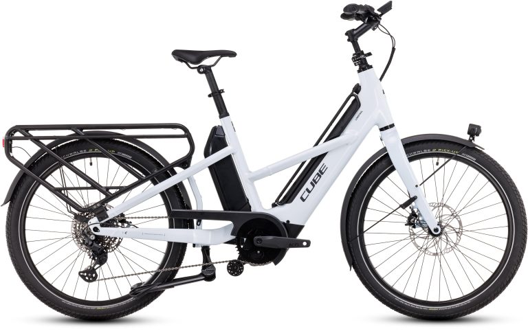 Cube Longtail Hybrid Sport 1350 2025 blanc, vélo cargo longtail électrique, vue de profil