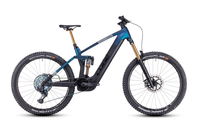 Cube Stereo Hybrid 160 HPC SLT 750 27.5 2024, VTT électrique d’enduro carbone coloris nebula´n´carbon, vue de profil