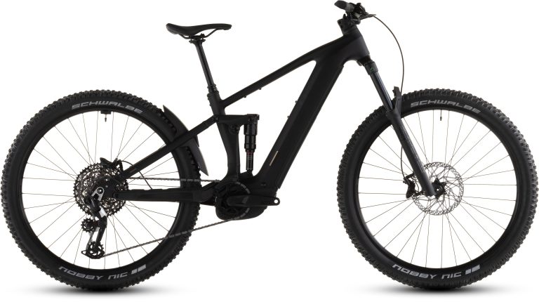 Cube Stereo Hybrid ONE44 EX 800 blackline 2026, VTT électrique tout-suspendu de trail, vue de profil
