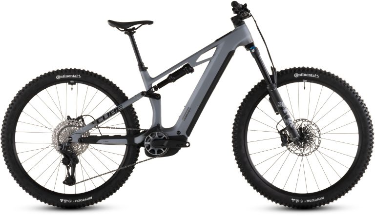 Cube Stereo Hybrid ONE44 HPC SLX Evo 800 2026, VTT électrique tout-suspendu à cadre carbone, vue de profil