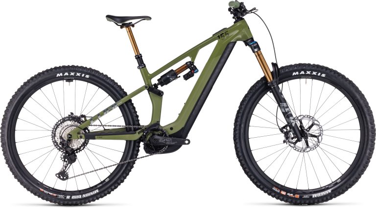 Cube Stereo Hybrid ONE55 C:68X TM 750 en 29 pouces, VTT électrique carbone à fourche Fox 38, vue de profil