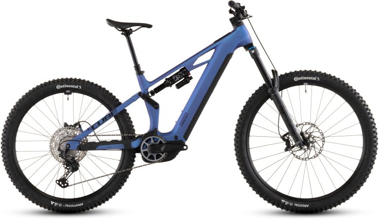 Cube Stereo Hybrid ONE77 HPC SLX 800 2026, VTT électrique d’enduro à fourche Fox 38, vue de profil