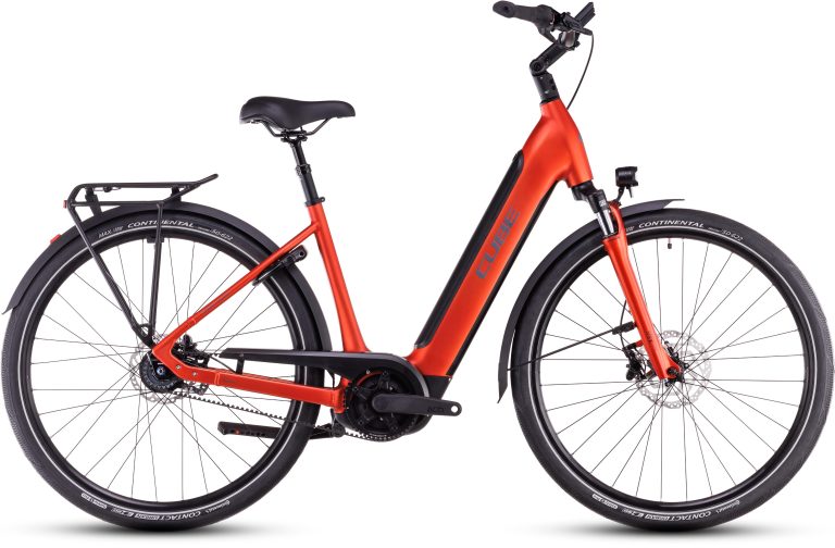 Cube Supreme Hybrid RT Deluxe EX 625 2025, vélo urbain électrique à courroie Gates et cadre Easy Entry, vue de profil
