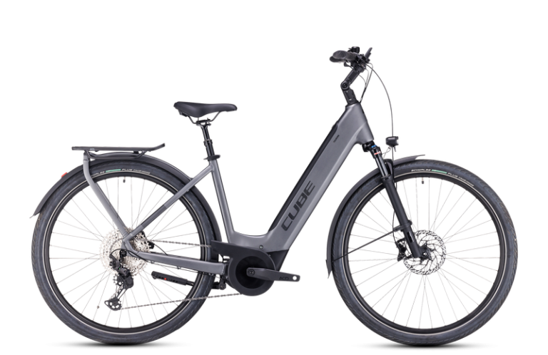 Cube Touring Hybrid EXC 625 2024 gris, vélo de trekking électrique à cadre Easy Entry, vue de profil