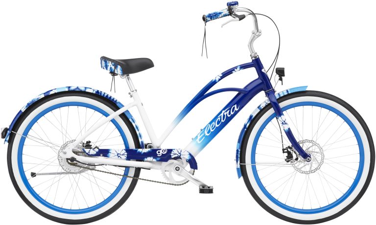 Electra Shibori Cruiser Go! 2022 au coloris Indigo Fade, cruiser électrique urbain, vue de profil