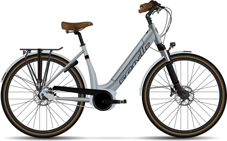 Granville E-Integrated 30+ 2024, vélo de ville électrique gris, vue de profil