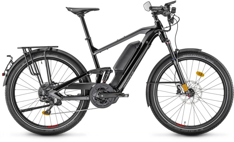 Moustache Friday 27 FS Speed Dual 2023, vélo urbain électrique tout-suspendu noir, vue de profil