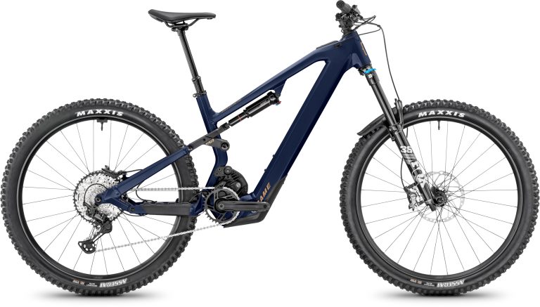 Moustache Game 150.7 Blue, VTT électrique tout-suspendu coloris Moon Landing brillant, vue de profil