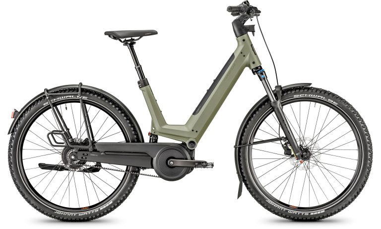 Moustache J All Enviolo PBL 2023, vélo de trekking électrique tout-suspendu olive mat, vue de profil