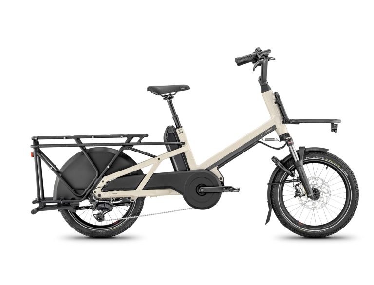 Moustache Lundi 20 Cargo 3 2025, vélo cargo électrique à roues de 20 pouces, coloris Gris Soie, vue de profil