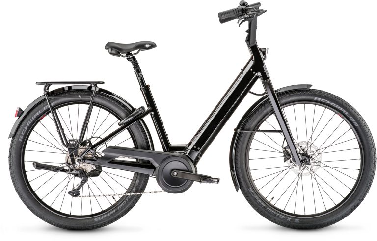 Moustache Lundi 27.3 2023, vélo de ville électrique à enjambement bas noir brillant, vue de profil