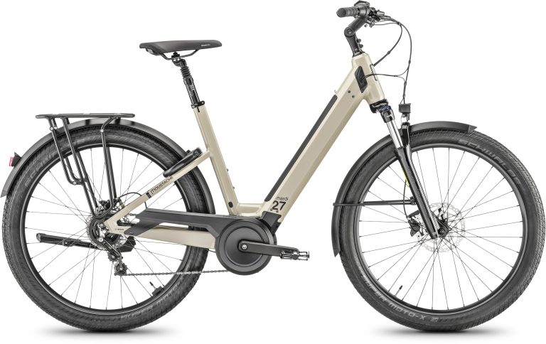 Moustache Mardi 27.4 Open 500Wh 2024, vélo de ville électrique à cadre ouvert gris pierre, vue de profil