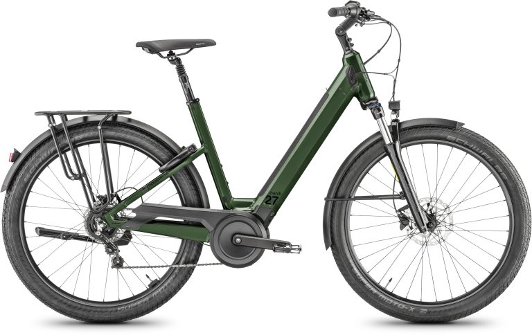 Moustache Mardi 27.4 Open 500Wh 2025, vélo de ville électrique à cadre ouvert vert sapin, vue de profil