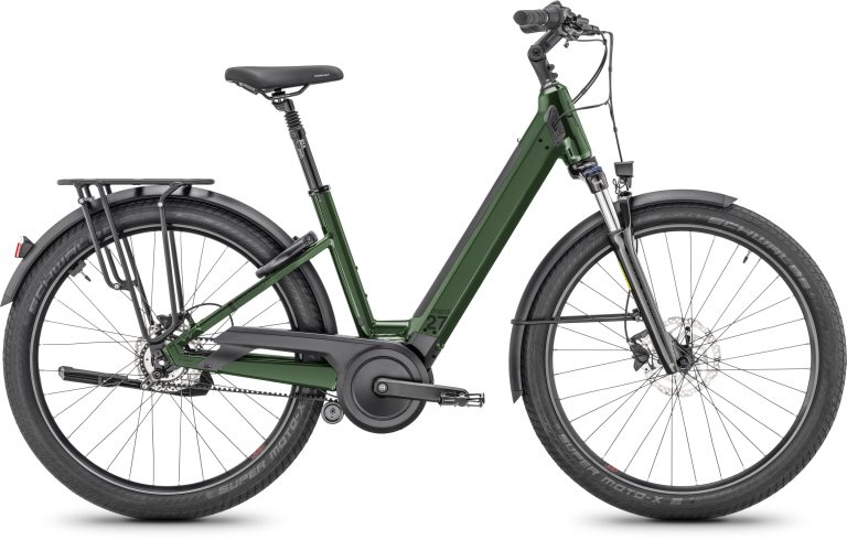 Moustache Mardi 27.4 Open Belt 500Wh 2025 vert sapin, vélo de ville à courroie, vue de profil