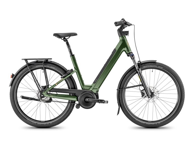 Moustache Mardi 27.4 OPEN Oak Green Metal, vélo de ville électrique à cadre ouvert, vue de profil