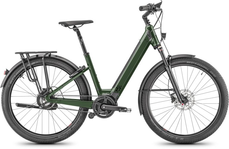 Moustache Mardi 27.6 Open 2024 vert sapin, vélo de ville électrique à courroie, vue de profil