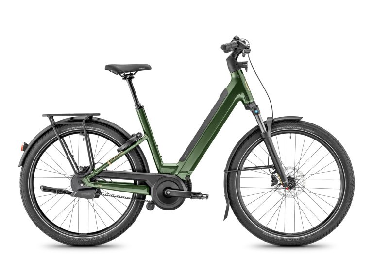 Moustache Mardi 27.6 OPEN AUTO Oak Green Metal, vélo de ville électrique à cadre ouvert, vue de profil