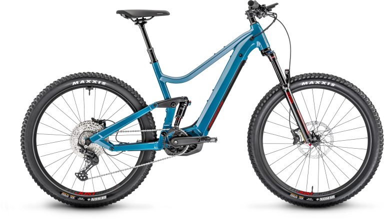 Moustache Samedi 27 Wide 3, VTT électrique tout-suspendu bleu pétrole, vue de profil