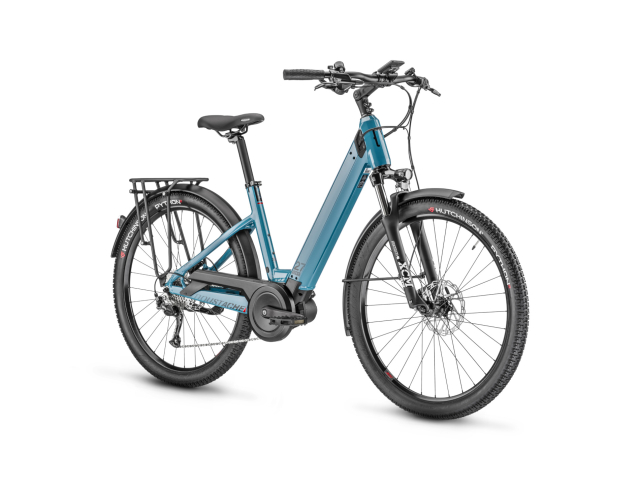 Moustache Samedi 27 XROAD 2 2023, vélo électrique de chemin à cadre ouvert vert, vue de profil