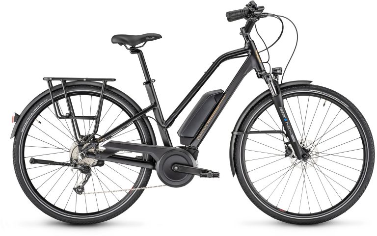Moustache Samedi 28.1 2023 noir mat, vélo de ville électrique à cadre ouvert, vue de profil