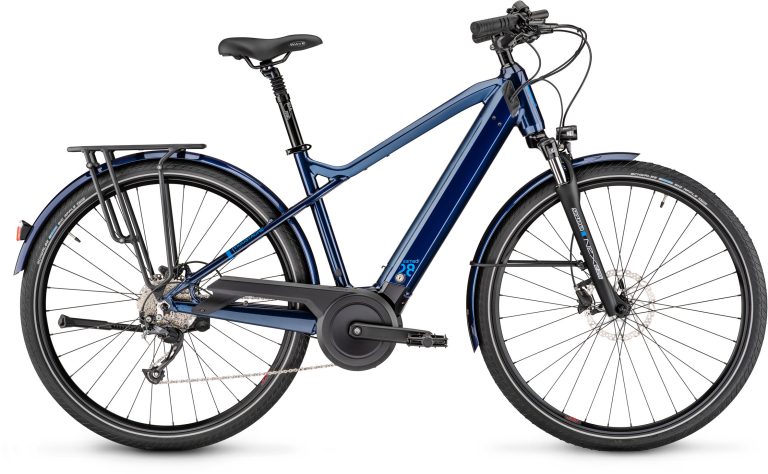 Moustache Samedi 28.2 400Wh 2023 bleu nuit, vélo de ville électrique à cadre haut, vue de profil