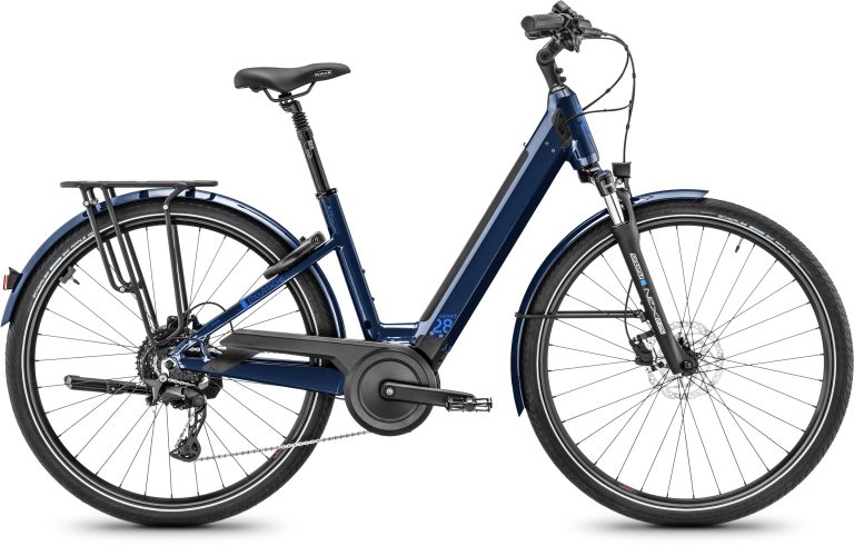 Moustache Samedi 28.2 400Wh 2025 bleu nuit, vélo de ville électrique à cadre ouvert, vue de profil