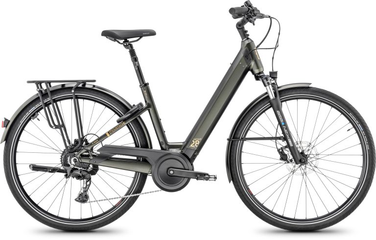 Moustache Samedi 28.4 500Wh 2025 vert foncé mat, vélo de ville électrique, vue côté transmission