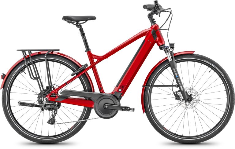 Moustache Samedi 28.4 500Wh 2025 rouge métal, vélo de ville électrique à cadre haut, vue de profil