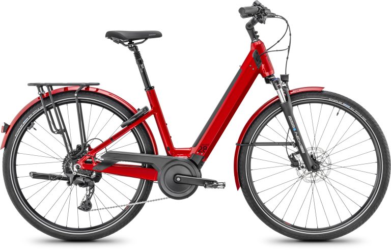 Moustache Samedi 28.4, vélo de ville électrique rouge à cadre ouvert, vue de profil