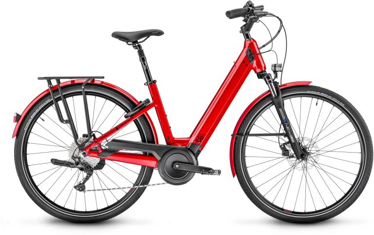 Moustache Samedi 28.5 2023 rouge métal, vélo de ville électrique à cadre ouvert, vue de profil