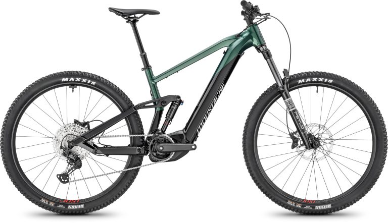 Moustache Trail 150.4 vert, VTT électrique tout-suspendu, vue de profil côté transmission