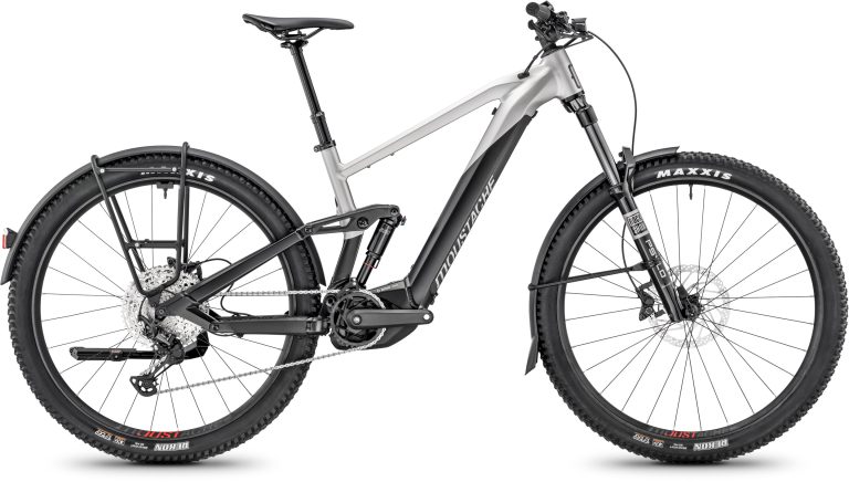 Moustache Trail 150.4 Grey EQ 750Wh 2025, VTT électrique tout-suspendu équipé, vue de profil