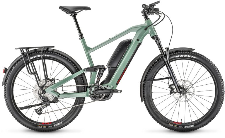 Moustache Weekend FS Nyon Dual EQ 2023, VTT électrique tout-suspendu équipé, vue de profil