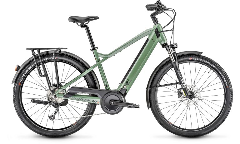 Moustache XROAD 1 2023, vélo électrique polyvalent vert pastel, vue de profil