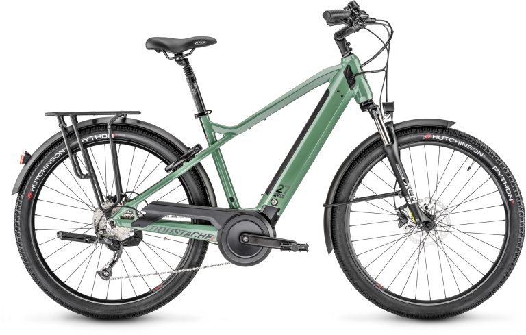 Moustache XROAD 2 400Wh 2025, vélo électrique à cadre haut vert pastel, vue de profil