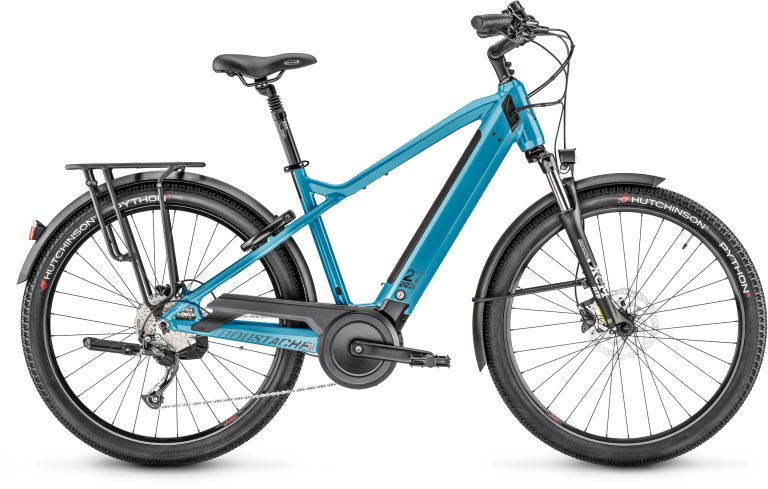 Moustache Xroad 2 500 Wh 2025 bleu pétrole, VTC électrique à cadre haut, vue de profil