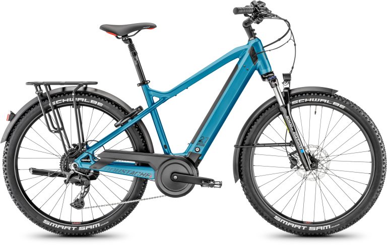 Moustache Xroad 4, vélo de trekking électrique bleu pétrole, vue de profil côté transmission