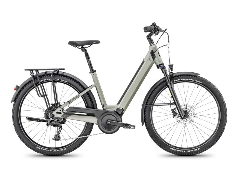 Moustache Xroad ES Open coloris chalk, VTC électrique à cadre ouvert et fourche suspendue, vue de profil